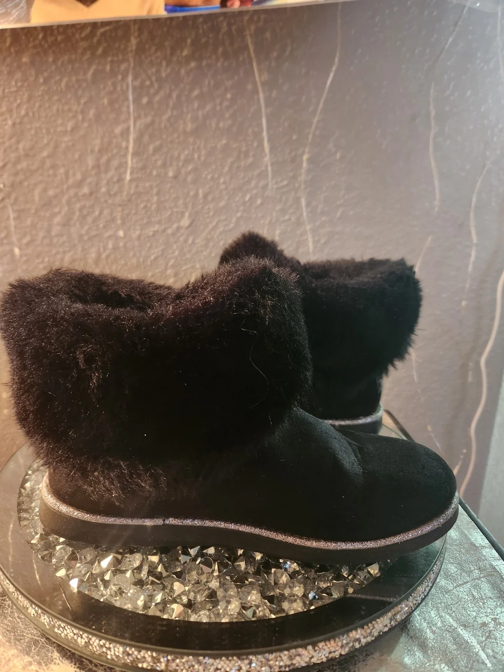 Juicy Couture Black Faux Fur Cuff Boots with Metallic Trim